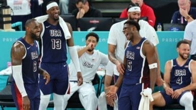 Kevin Durant smiles after breaking the Team USA Olympic scoring record during the quarterfinals