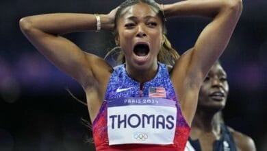 Gabby Thomas celebrating her gold medal win in the women's 200 meters at the 2024 Paris Olympics